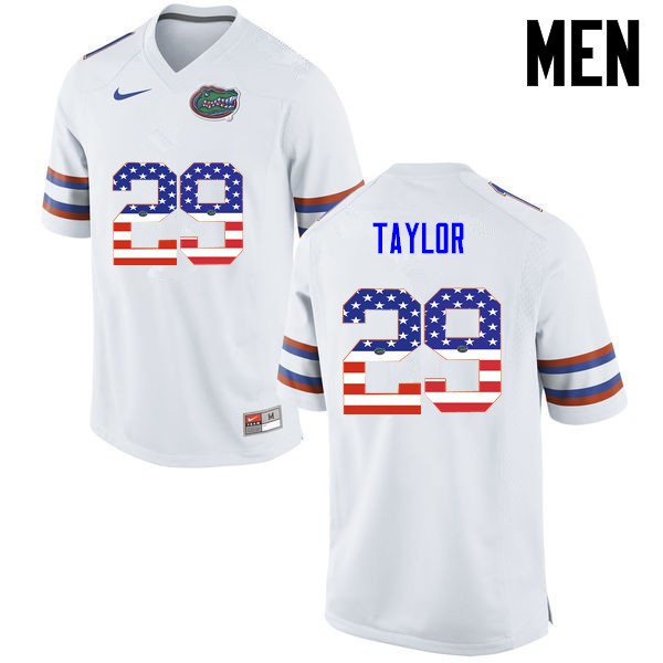 Florida Gators Men #29 Jeawon Taylor College Football USA Flag Fashion White